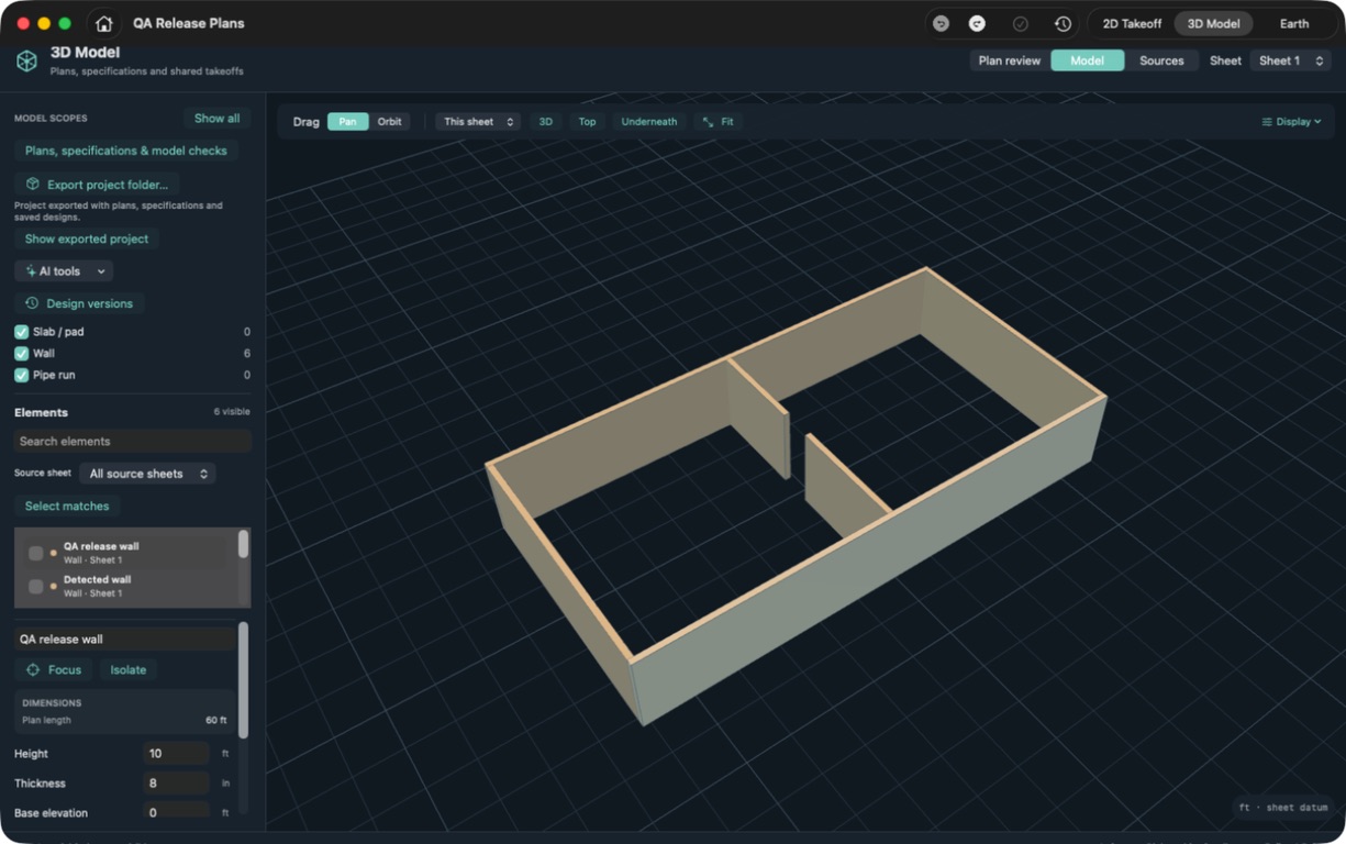 Construction Takeoff's 3D workspace showing six sample wall segments, with dimensions and model elements alongside the view
